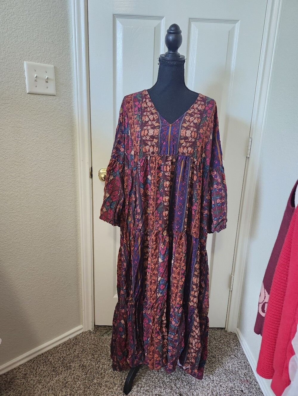 Natural Life Bohemian Floral Tiered Maxi Dress - Burgundy Multi Xxl - Picture 2 of 16